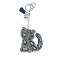 Llavero de gato azul con pedrería brillante, cierre plateado y borla decorativa azul oscuro - Gris