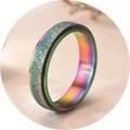Macro detail of rainbow stainless steel ring with blue glitter frosted surface - 6mm Matte Rainbow-Size 12