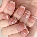 Korte vierkante kunstnagels met roze French tips en 3D vlinderontwerpen - Roze Gradiënt Vlinder Bloem Stijl (JL0685)