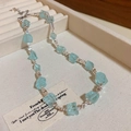 Light blue butterfly zircon necklace with stone beads and silver heart pendant - Silver Blue Ore Style (40#)