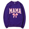 Dark purple MAMA Est 2025 hoodie with pink coquette bow graphics and crew neck design - Purple Slogan