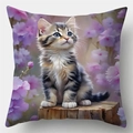 Moderner Kissenbezug aus Leinen mit süßer Katze auf Holzstumpf und lila Blumendekor - Stil 10 / 45*45cm (Ohne Kern)