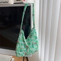 Green floral canvas shoulder bag with vintage red and yellow flower pattern for women - Dark Green White Flower