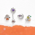 Halloween earring set with purple heart spider web, witch, and zircon devil charms - Moon Bat / Steel