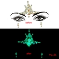 Detail of glow-in-the-dark face gems showing before and after effect in daylight and darkness - YJ-21