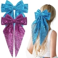 Lot de barrettes à nœuds pailletés en bleu et rose violet avec de longs rubans en tulle - Rose rouge