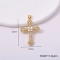 Golden cross pendant with clear stones and pearl detail showing 3.6cm by 2.5cm dimensions - Cross Style J