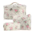 Three-piece quilted floral cotton cosmetic bag set in various sizes with dimensions - Pink Flower