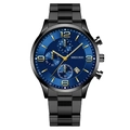 Reloj de cuarzo para hombre con caja de metal negro, esfera azul y diseño de calendario de tres ojos - Esfera Azul Agujas Doradas Caja Negra