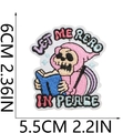 Cartoon skeleton reading book embroidery patch with 'LET ME READ IN PEACE' text - Reading Skeleton