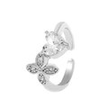 Silver adjustable ring with heart-shaped zircon and micro-paved floral detail - Silver Heart Flower Open Ring (4525)