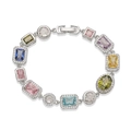 Macro shot of silver bracelet featuring multi-colored geometric gemstones and micro-zircons - Silver Rainbow Stone Box Clasp Bracelet