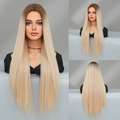 Long straight blonde ombre wig with brown roots shown in a professional three-way view - Gold White Mix