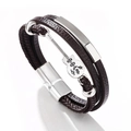 Bracciale multistrato in pelle marrone da uomo con ciondolo a chitarra argento e chiusura magnetica - 23CM / caffè