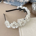 Handmade white fabric flower headband with pearl centers and black base band - White Rhinestone Flower