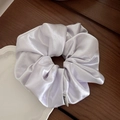 Oversized white satin scrunchie with silky pleats and soft texture for elegant hairstyles - Glossy Purple