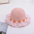 Pink crocheted sun hat for girls with white lace trim and daisy floral embroidery detail - Lace Floral / Circumference 50-53cm / Pink