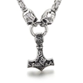 Viking Thor Hammer pendant with skull accents on a vintage steel chain for men - Steel Color Necklace Set (KN115840-Z)