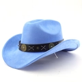 Detail view of the blue suede cowboy hat with vintage bronze metal studs and black band - M (56-58cm) / Deep Sky Blue