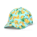 Blue tie-dye baseball cap featuring yellow banana and green tropical palm leaf print - Light Blue Banana Palm Leaf