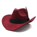 Classic burgundy wool fedora hat with a black grosgrain band and leopard print feather - M (56-58cm) / Burgundy