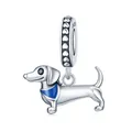 S925 sterling silver dachshund puppy charm with blue enamel scarf for DIY bracelet - Dachshund Puppy Pendant 0322