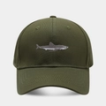 Detailed embroidery of a shark on the olive green cotton twill baseball cap fabric - Army Green