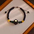 Ethnic bead bracelet with matte black beads and hexagon charm on adjustable brown cord - Faceted Bead Sunken Treasure Bracelet (1055-1#)
