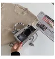 Silver camera shaped mini bag with ribbon handle and metal chain strap - Electroplated Mirror Finish / Silver