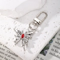Close-up of a silver butterfly keychain with a red gemstone on a textured surface - Red Rhinestone Silver Butterfly