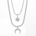 Silver double layer necklace featuring sun ray and crescent moon pendants on snake chain - Sun Moon Double Layer Style / Silver (KN251307-Z)