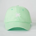 Close-up of white palm tree embroidery on a mint green cotton washed baseball cap - Adjustable / Light Green