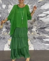 Elegant green chiffon layered dress with batwing sleeves in a tiered long skirt design - S / Dresses / Green