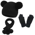 Schwarzes Strickset für Kinder mit Bommelmütze, Schal und Handschuhen für den Winter - Schwarz