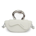 White crescent handbag with a unique silver liquid metal handle and a shoulder strap - White