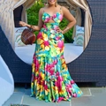 Detail of floral backless maxi dress with thin straps and tropical print design - S / Dresses / Blue Floral Print