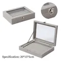 Gray velvet jewelry box with glass window and metal buckle, 20x15x5cm size storage - Long Bar Grid / Gray