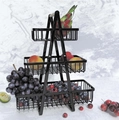 Three-tier black metal fruit basket with wooden handle for kitchen organization - 3-Tier Black (Foldable)
