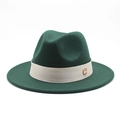 Close-up of dark green wool fedora with cream band and gold metal logo detail - Dark Green