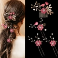 Dettagli del set di pettine e forcine per capelli con fiori rosa e perle per la sposa - Set di 4 / Rosa Rosso
