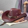 Cappello da cowboy western rosso vino con ornamento testa di toro e sottogola - Decorazione della Cintura con Testa di Toro / Borgogna