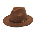 Detail of dark brown wool fedora hat featuring a black leather band and gold metal buckle - Coffee