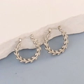 Silver stainless steel hoop earrings with laurel leaf pattern on white stone background - Silver Style K7-13