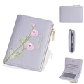 Short grey-purple leather trifold wallet featuring floral embroidery and card slots - Purple