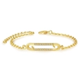 Detail of golden safety pin bracelet with micro-pave white crystals on O-chain link - Gold Pave Zirconia Safety Pin Bracelet (0243)