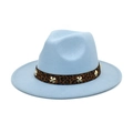 Close-up of light blue wool fedora featuring a leopard print band and metal cross buckle - M (56-58cm) / Sky Blue