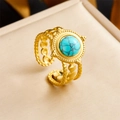 Bohemian adjustable golden ring featuring turquoise stone with black mesh patterns - 3-Row Bead Turquoise Style (R520) / Adjustable Open