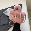 Chic pink faux shearling small square handbag with matching leather strap and silver hardware - No Pendant / Pink