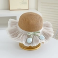 Detail of straw hat with white lace trim, green bow and blue tulip pendants - 52cm (2-5 Years) / Hat Only / Khaki