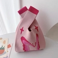 Pink knit tote bucket bag featuring deep pink butterfly and cross patterns for women - Pink Butterfly